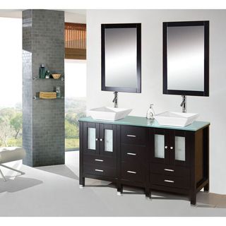 Kokols Caius Double Wood Vanity Cabinet With Glass Top And Double Ceramic Sinks   Mirror