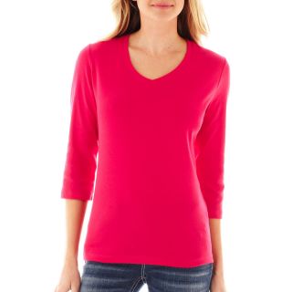 St. Johns Bay St. John s Bay 3/4 Sleeve Essential V Neck Tee, Bright Rose,