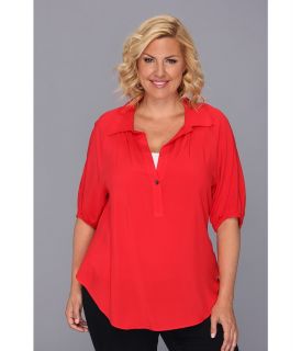 Karen Kane Plus Size Blouson Sleeve Top w/ Placket Womens Short Sleeve Pullover (Red)