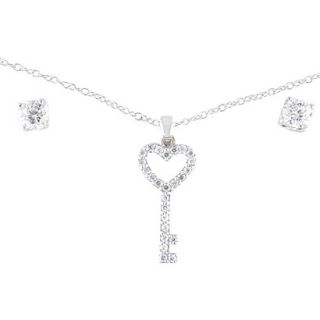 Sterling Silver Cubic Zirconia Key Heart Necklace Earring Set   White ( 18 )