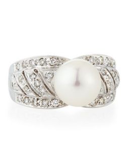 Scalloped Diamond & Akoya Pearl Ring, Size 7