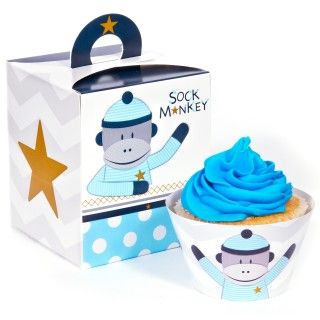 Sock Monkey Blue Cupcake Wrapper Combo Kit