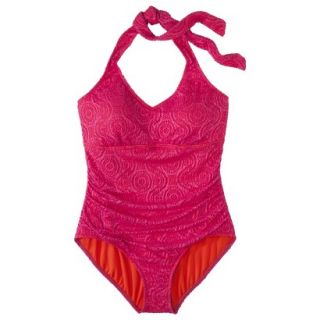 Womens Plus Size V Neck Crochet One Piece Swimsuit   Fire Red