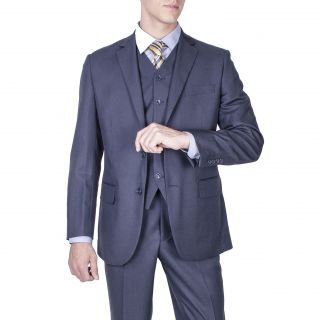 Mens Modern Fit Navy Blue Textured 2 button Vested Suit