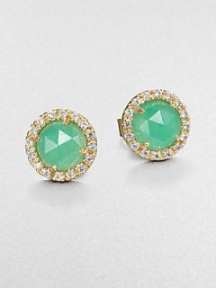 MIJA Light Green Jade and White Sapphire Button Earrings   Green Gold