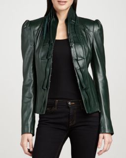 Womens Laser Cut Ruffle Leather Jacket   Bagatelle