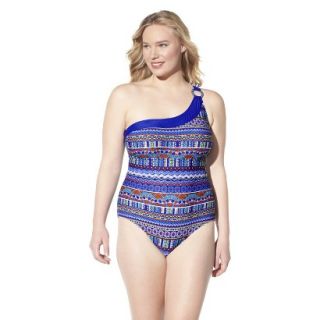 Womens Plus Size One Shoulder One Piece Swimsuit   Cobalt Blue/Multi Color 16W