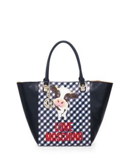 Cow Gingham Print Faux Leather Tote Bag, Blue