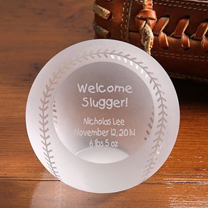 Personalized Crystal Baseball Paperweight   Welcome Slugger