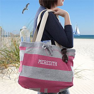 Personalized Beachcomber Bags   Pink & Grey Stripes