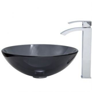 VIGO Sheer Black Glass Vessel Sink and Square Faucet Set in Chrome