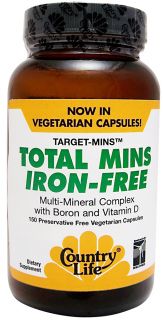 Country Life   Target Mins Total Mins Multi Mineral Complex with Boron and Vitamin D Iron Free   150 Vegetarian Capsules