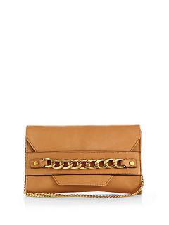 MILLY Chain Detail Leather Clutch   Caramel