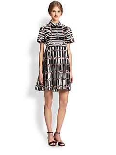 Suno Printed Pleated Cotton Shirtdress   Block Stripe