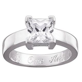 Sterling Silver Cubic Zirconia Personalized Square Engraved Engagement Ring   7
