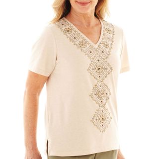 Alfred Dunner Call of the Wild Short Sleeve Embroidered Center Top, Oatmeal