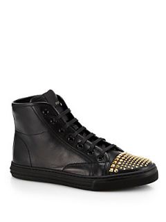 Gucci Cali Leather Studded Cap Toe High Top Sneakers   Black
