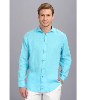 Thomas Dean & Co. Blue Linen Button Down L/S Sport Shirt Mens Long Sleeve Button Up (Blue)