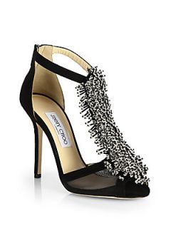 Jimmy Choo Fortune Suede Beaded T Strap Sandals   Black
