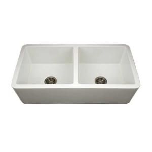 Whitehaus Reversible Apron Front Fireclay 36.75x18.5x10.5 0 Hole Double Bowl Kitchen Sink in White WH3719 WH