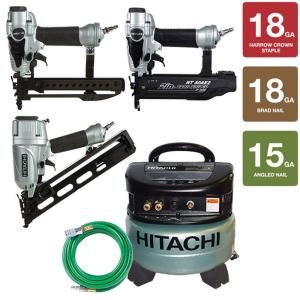 Hitachi 5 Piece Angled Finish Nailer, 2 in. Finish Nailer, 1/4 in. Crown Stapler, 6 Gal. Compressor and Air Hose Kit KCP 65 50 38 H
