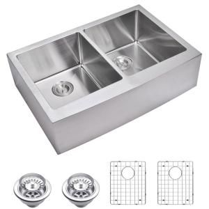 Water Creation Apron Front Small Radius Stainless Steel 36x22x10 0 Hole Double Bowl Kitchen Sink with Strainer and Grid in Satin Finish SSSG AD 3622C