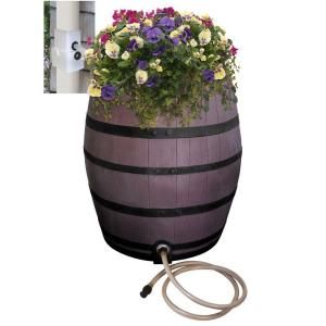 RESCUE 50 gal. Flat Back Whiskey Rain Barrel with Integrated Planter and Diverter System in Brown with Black Accent Bands 2243 1