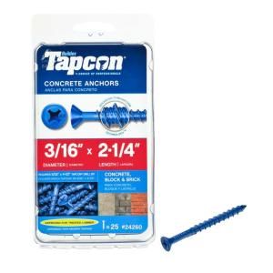 Tapcon 3/16 in. x 2 1/4 in. Polymer Plated Steel Flat Head Phillips Indoor/Outdoor Concrete Anchors (25 Pack) 24260