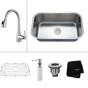 KRAUS All in One Undermount Stainless Steel 31.50x18.38x15.2 0 Hole Single Bowl Kitchen Sink with Chrome Accessory KBU14 KPF2230 KSD30CH