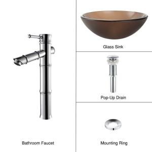 KRAUS Glass Bathroom Sink in Frosted Brown with Single Hole 1 Handle Low Arc Bamboo Faucet in Chrome DISCONTINUED C GV 103FR 12mm 1300CH