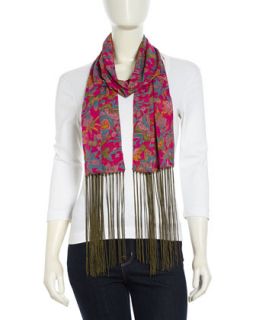 Floral Print Fringed Reversible Scarf, Fuchsia/Red