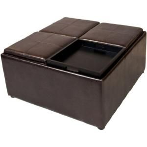 Simpli Home Avalon Square Faux Leather Coffee Table Storage Ottoman in Dark Brown F 07