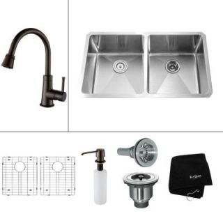 KRAUS All in One Undermount 32.75x19x14 0 Hole Double Bowl Kitchen Sink with Oil Rubbed Bronze Accessories KHU102 33 KPF2220 KSD30ORB