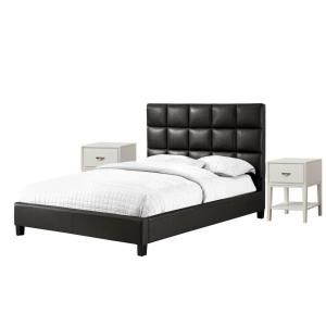 HomeSullivan Calais Deep Brown Faux Leather Queen Size Bed and White Rectangle 2 Nightstand Set 40885B622W(3A)[Q+2N]2WR