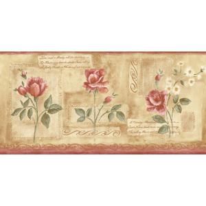 The Wallpaper Company 9 in. x 15 ft. Red and Tan Rose Script Border DISCONTINUED WC1283830