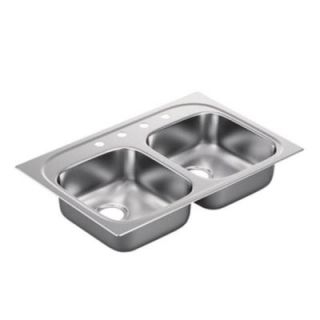 MOEN 2200 Series Drop in Stainless Steel 33x22x6.5 4 Hole Double Bowl Kitchen Sink G222174B