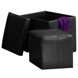 HomeSullivan Black Bi Cast Vinyl Storage Cube Ottoman with a Smaller Ottoman Inside 404723BK