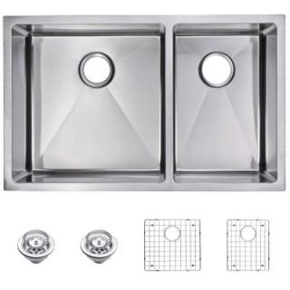 Water Creation Undermount Small Radius Stainless Steel 32x20x10 0 Hole Double Bowl Kitchen Sink with Strainer and Grid in Satin Finish SSSG UD 3220A