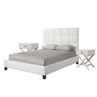HomeSullivan Calais White Faux Leather Queen Size Bed and White Modern 2 Nightstand Set 40885B522W(3A)[Q+2N]2WX