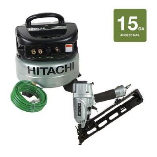 Hitachi 3 Piece 15 Gauge x 2.5 in. Angled Finish Nailer, 6 Gal. Oil Free Pancake Compressor and Air Hose Kit KCP 65 H
