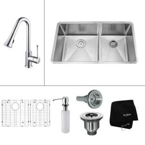 KRAUS All in One Undermount Stainless Steel 32.9x19x15.53 0 Hole Double Bowl Kitchen Sink , Kitchen Faucet Chrome DISCONTINUED KHU103 33 KPF1650 KSD30CH