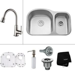 KRAUS All in One Undermount Stainless Steel 31.5x20.5x13 0 Hole Double Bowl Kitchen Sink with Satin Nickel Accessory KBU23 KPF2220 KSD30SN