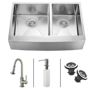 Vigo All in One Farmhouse Apron Front Stainless Steel 33x22.25x10 0 Hole Double Bowl Kitchen Sink VG15098