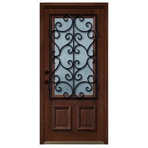 Steves & Sons Decorative Iron Grille 3/4 Lite Stained Mahogany Wood Right Hand Entry Door with 6 in. Wall and Stained Jamb M6201RC CT MJ 6RH