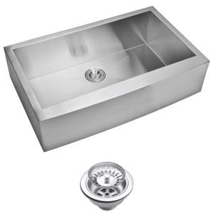 Water Creation Apron Front Zero Radius Stainless Steel 36x22x10 0 Hole Single Bowl Kitchen Sink with Strainer in Satin Finish SSS AS 3622A