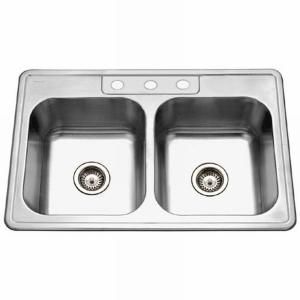 HOUZER Glowtone Series Topmount Stainless Steel 33x22x8 3 Hole Double Bowl Kitchen Sink 3322 8BS3 1
