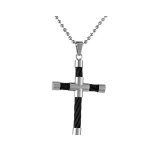 Mens Stainless Steel & Black IP Cable Cross Pendant, White