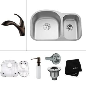 KRAUS All in One Undermount Stainless Steel 31.5x20.5x13 0 Hole Double Bowl Kitchen Sink with Oil Rubbed Bronze Accessory KBU23 KPF2210 KSD30ORB