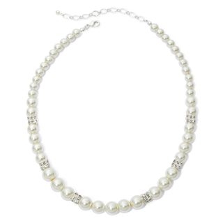 Vieste Silver Tone Simulated Pearl & Pavé Square Rondell Necklace