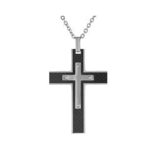 Mens Stainless Steel & Black Carbon Fiber Cross Pendant, White